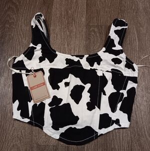 Lone Star Cow Print Corset Black/White Denim Crop Top Womens Size S NWT